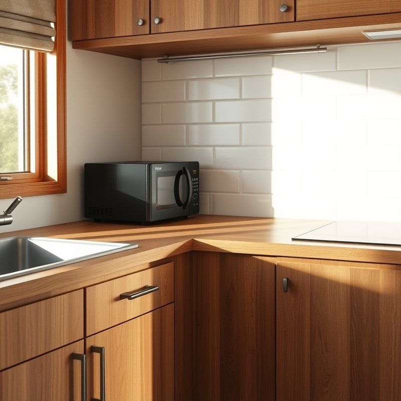 kitchen counter with a low wooden cabinet hiding toaster and coffee maker