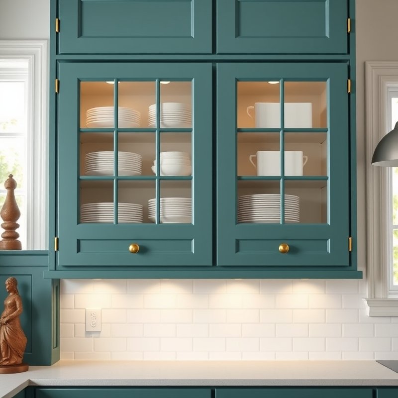 teal glass-front upper cabinets showing white plates inside, warm brass hinges