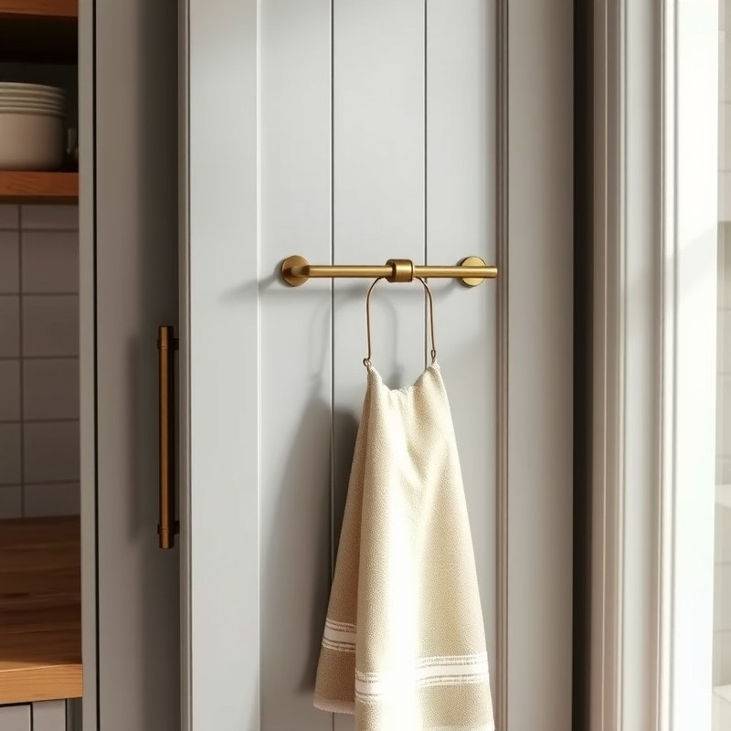 21 Kitchen Organization Ideas That Declutter Your Space and Make Cooking Easier Try These Now 21 wooden cabinet door with metal over-the-door towel bar holding a linen towel