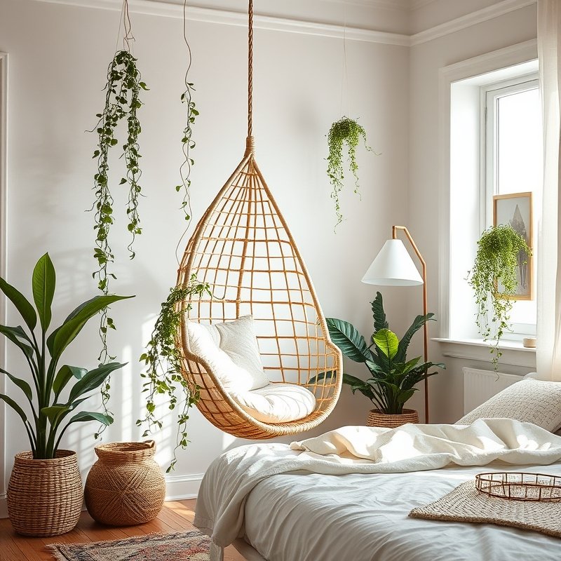 22 Teen Bedroom Ideas That Look Trendy, Cozy, and Pinterest Perfect Start Your Room Makeover 17 Rattan hanging chair with cushions, plants, and floor lamp in boho bedroom