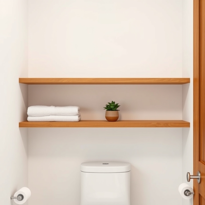 wood shelves above toilet mid century modern bathroom