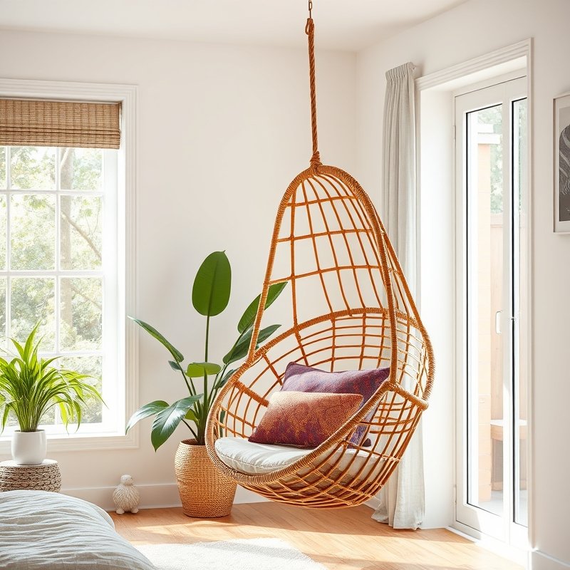 boho bedroom corner with a rattan hanging chair suspended from ceiling, layered with cushions