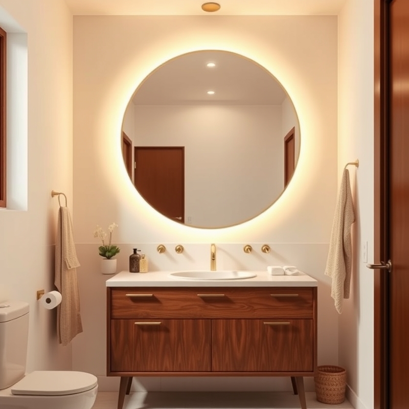 round backlit mirror mid century modern bathroom