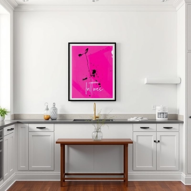 bright neon pink abstract artwork on a white kitchen wall above a console table