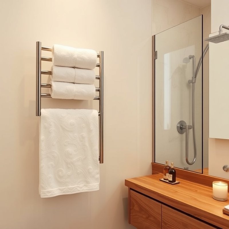 19 Cozy Bathroom Ideas That Make Your Space Feel Warm, Relaxing, and Inviting Try These Today 4 a sleek towel warmer rail with fluffy white towels in a warm bathroom