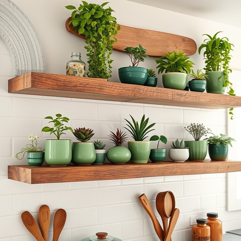 20 Green Kitchen Ideas That Bring Fresh, Natural Vibes Into Your Home Try This Look Now 14 Reclaimed wood open shelves with an array of green ceramic planters