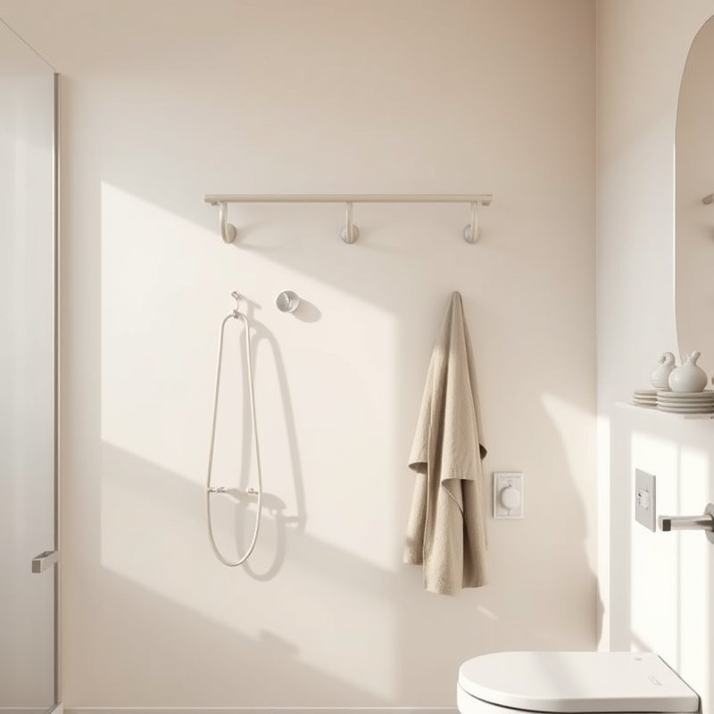 Narrow bathroom wall with a sleek rail and sliding hooks holding white towels