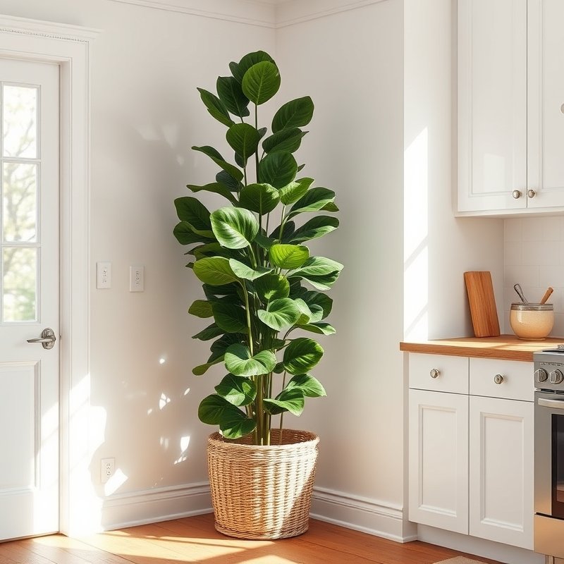 20 Green Kitchen Ideas That Bring Fresh, Natural Vibes Into Your Home Try This Look Now 10 Large fiddle leaf fig in a woven basket in a bright kitchen corner
