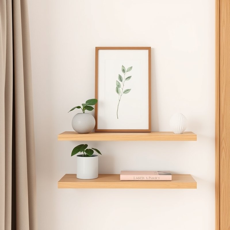 two floating shelves with small plants, a framed print, and a ceramic vase