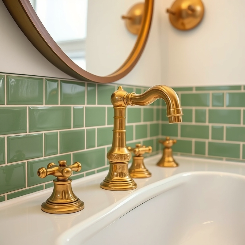 brass widespread faucet on sink mid century bathroom