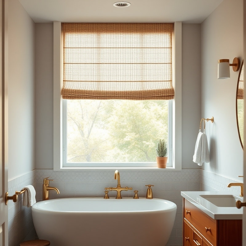woven linen roman shade mid century bathroom window