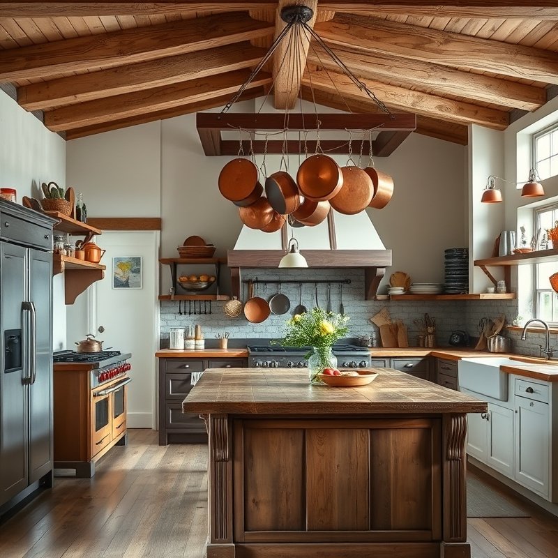 14 Cottage Kitchen Ideas That Create a Charming, Rustic, and Timeless Look Get Inspired Today 5 copper pots and pans hanging from a wooden ceiling rack over a kitchen island