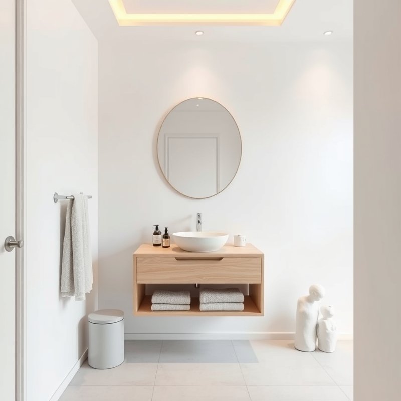 Small bathroom with wall-mounted light wood vanity, round mirror, and floor space visible underneath