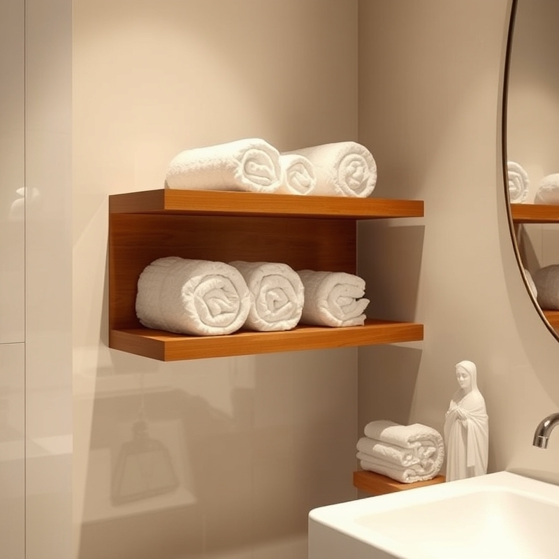 simple floating shelf with neatly stacked rolled towels in a luxury bathroom
