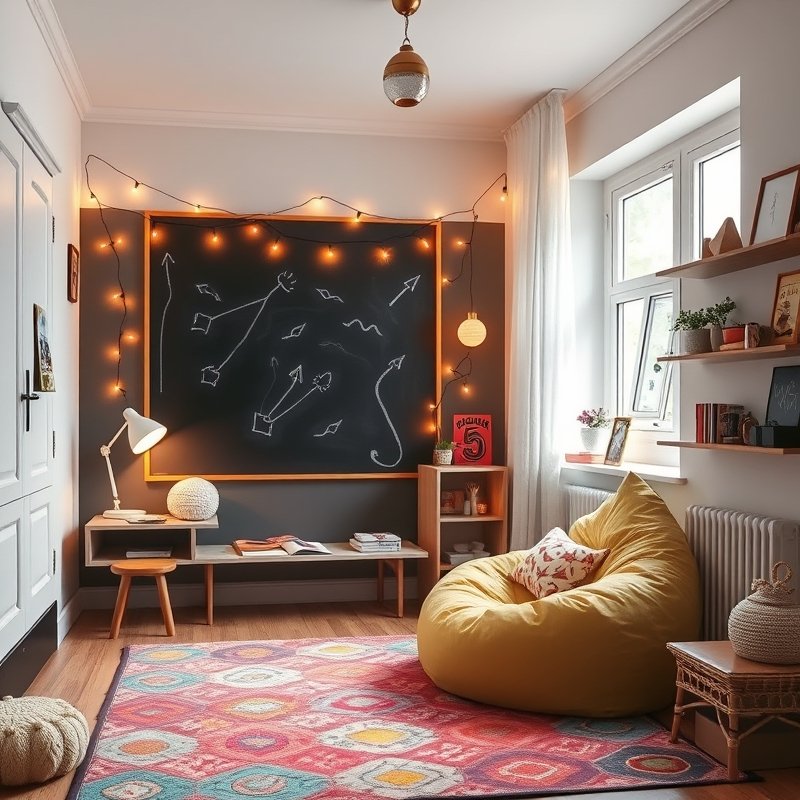 22 Teen Bedroom Ideas That Look Trendy, Cozy, and Pinterest Perfect Start Your Room Makeover 11 Chalkboard painted bedroom door with fairy lights and colorful decor
