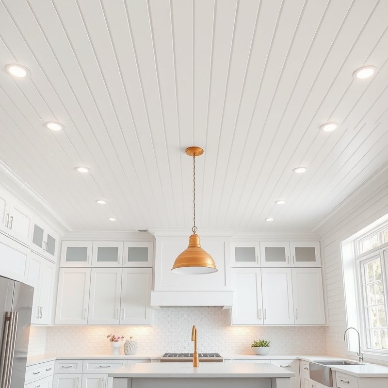 white kitchen ceiling covered in white beadboard planks, with recessed lighting and a central pendant over the island