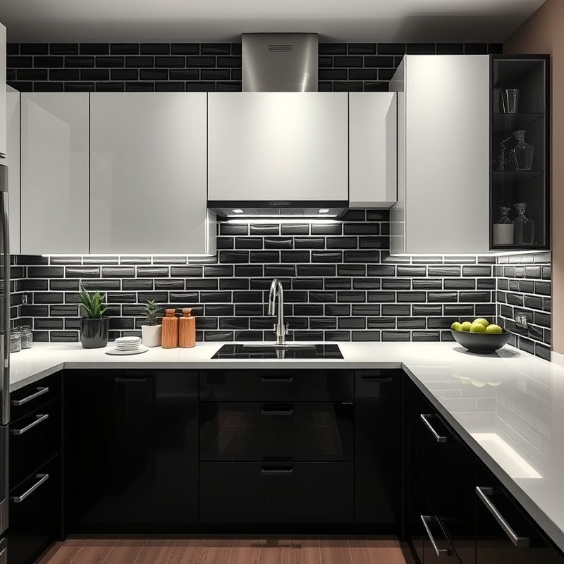 glossy black subway tile backsplash with white grout in a modern kitchen with under-cabinet lighting