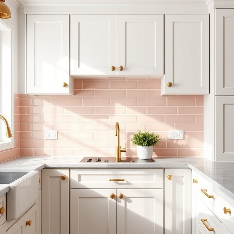 Blush pink backsplash tiles in a bright white kitchen