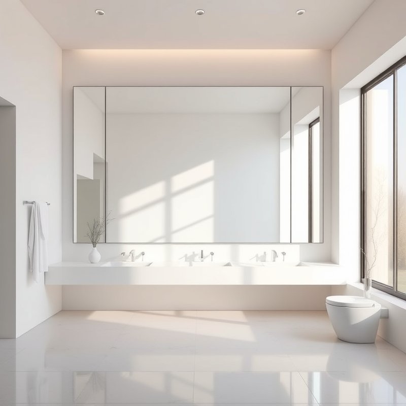 Small bathroom with large frameless mirror spanning the wall above a vanity, reflecting a window