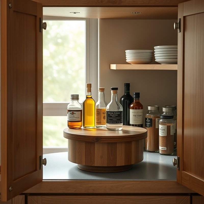 21 Kitchen Organization Ideas That Declutter Your Space and Make Cooking Easier Try These Now 7 corner cabinet with rotating Lazy Susan holding oils, vinegars, and jars