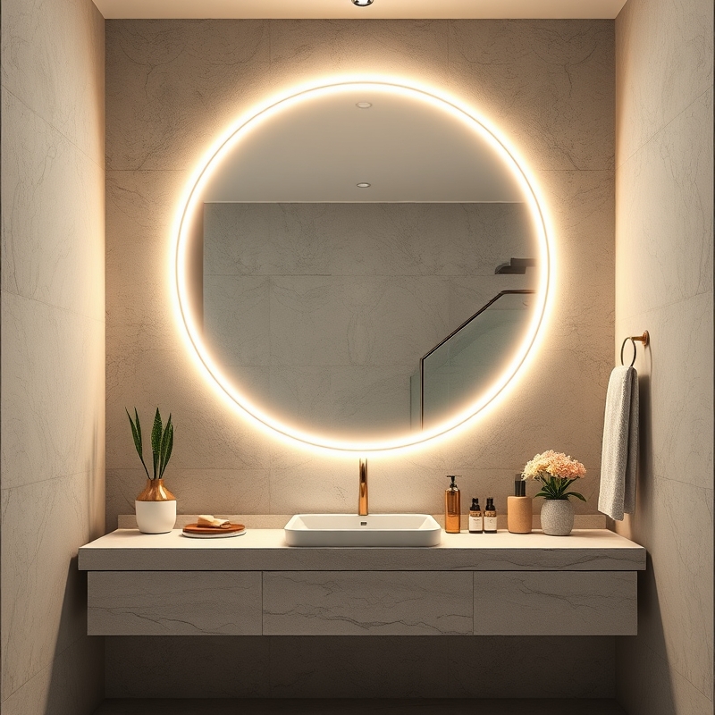large backlit bathroom mirror with anti-fog feature above vanity