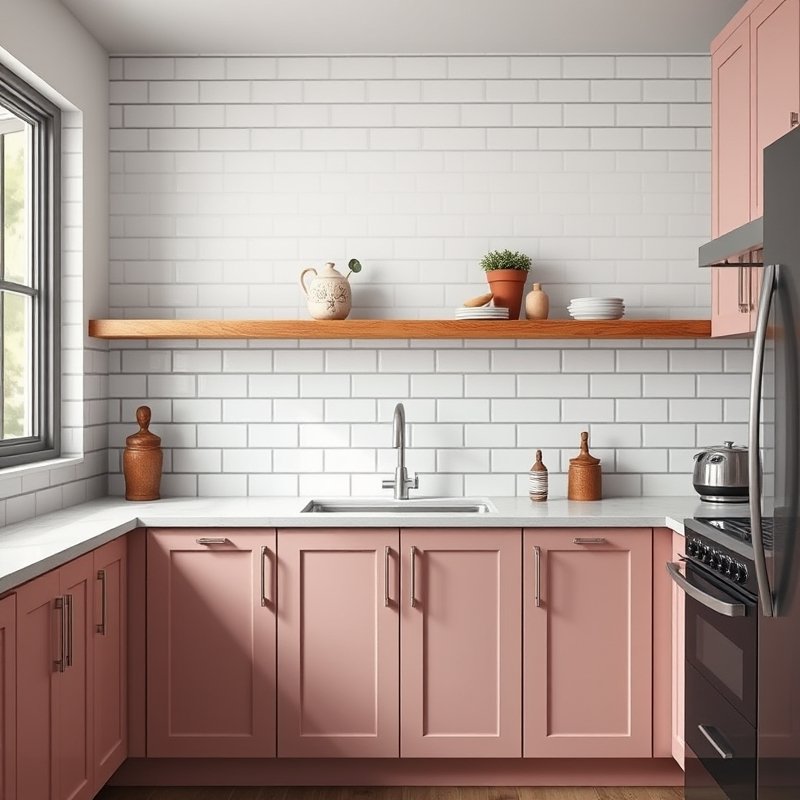 pink lower cabinets with white subway tile backsplash and dark charcoal grout