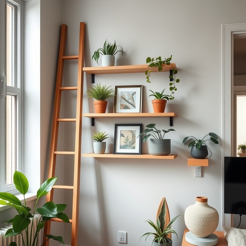 wooden ladder shelf holding potted plants and a small framed picture