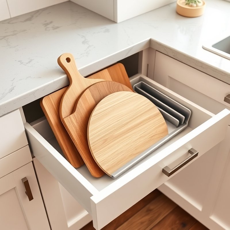 slim top drawer in kitchen holding cutting boards and baking mats