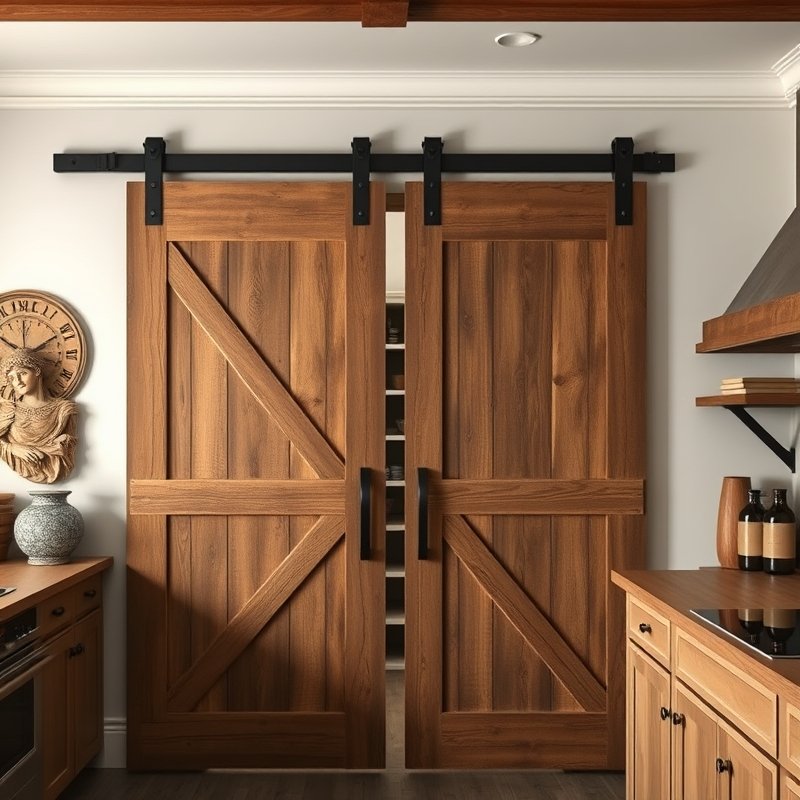 Sliding barn door covering a pantry in a rustic kitchen