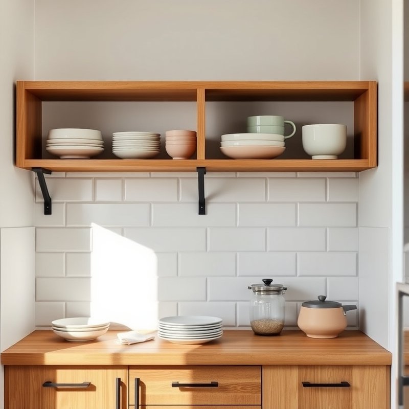 open shelving displaying soft cream and pastel ceramic plates and bowls
