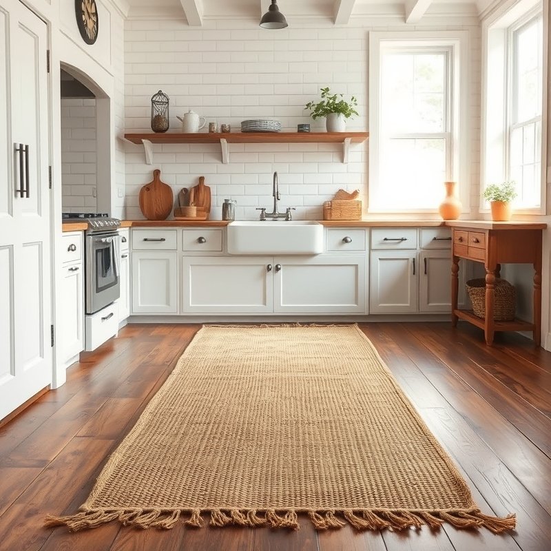 Jute runner rug in a rustic kitchen in front of the sink