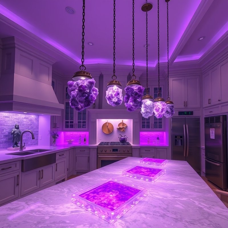 Minecraft kitchen with glowing amethyst crystal lamps hanging from the ceiling