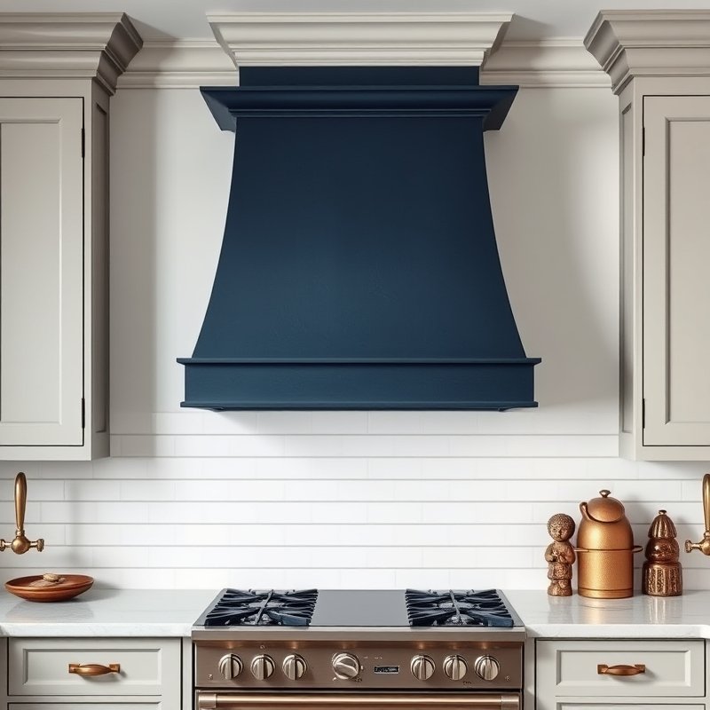 kitchen with a custom deep indigo plaster range hood over a white range