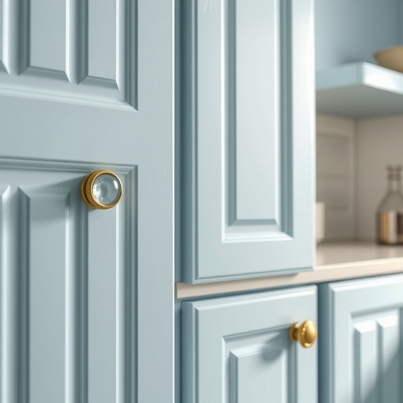 kitchen cabinet with new glass and floral brass knobs, pale blue painted doors