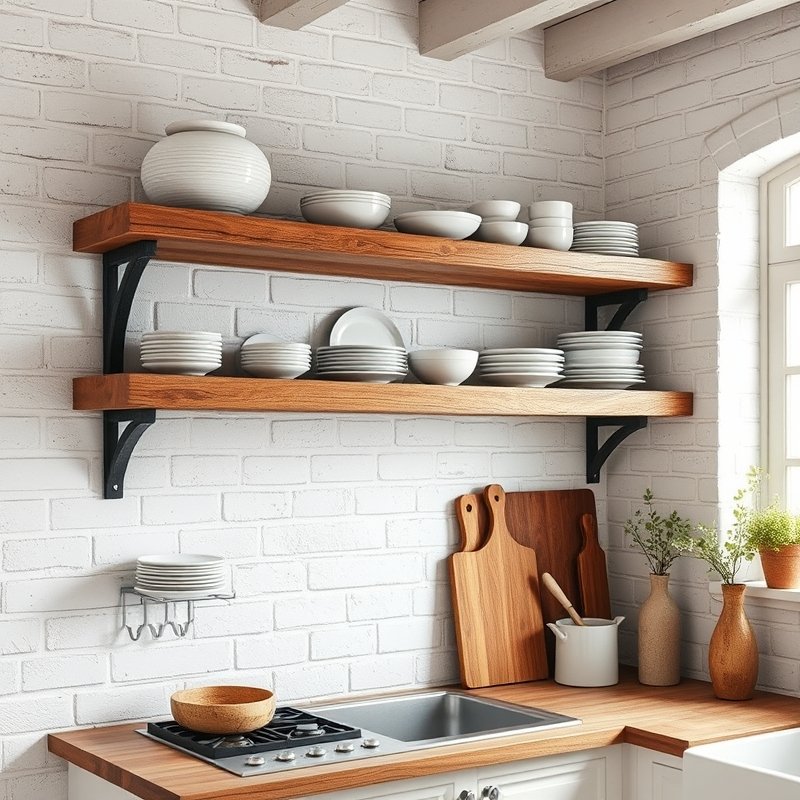 Rustic kitchen open shelves made of reclaimed wood with ceramic dishes
