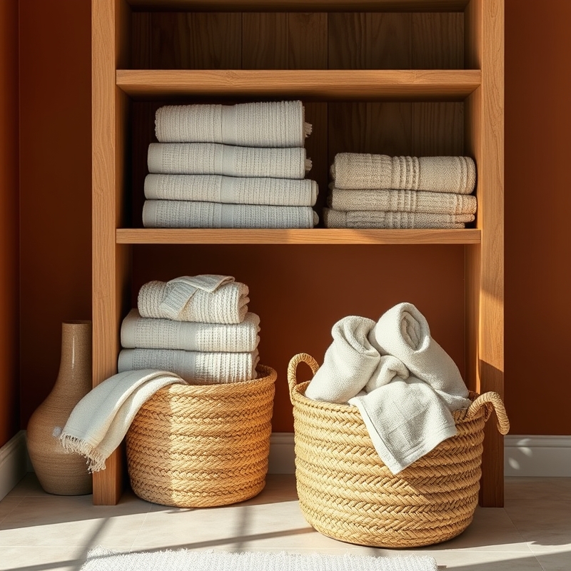 stack of neutral linen towels on a wooden shelf