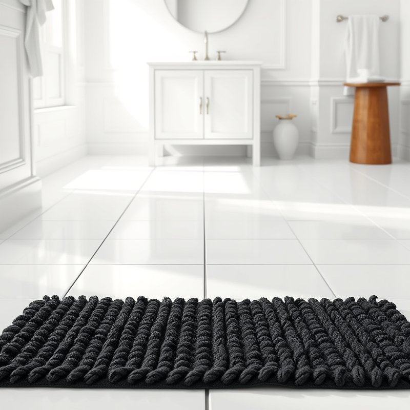 24 Black and White Bathroom Ideas That Create a Timeless, Elegant Look You Must Try 25 textured black bath mat on a bright white tiled bathroom floor