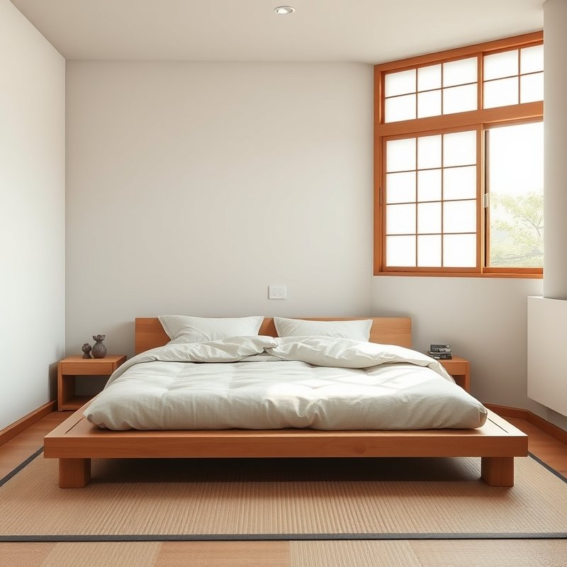 21 Japandi Bedroom Ideas That Blend Minimalist Calm With Warm Natural Beauty You Must Try 2 Low wooden platform bed on tatami mat in a calm Japandi bedroom