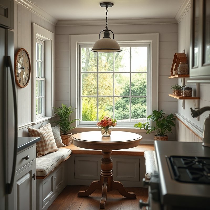 14 Cottage Kitchen Ideas That Create a Charming, Rustic, and Timeless Look Get Inspired Today 11 small breakfast nook with bench seating and round table by a window