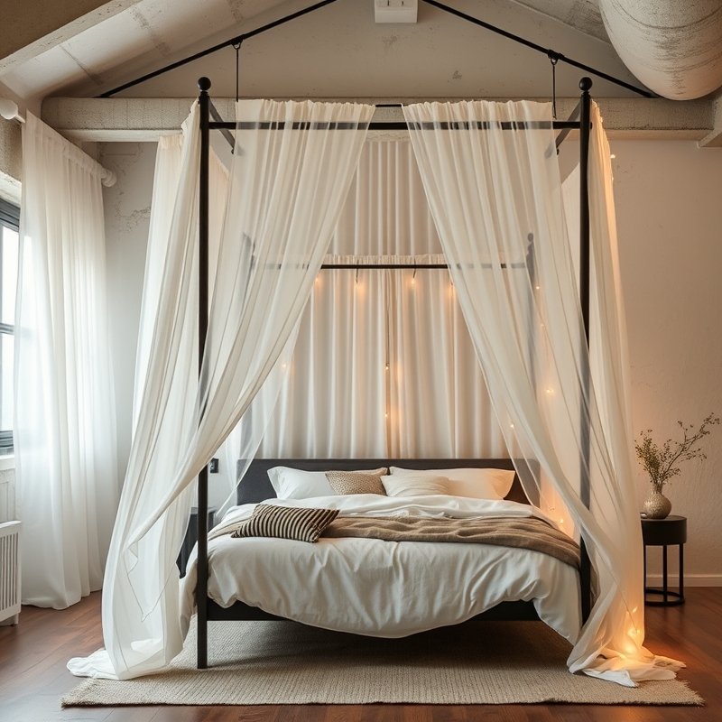 boho bedroom with a four-poster bed draped in sheer white curtains