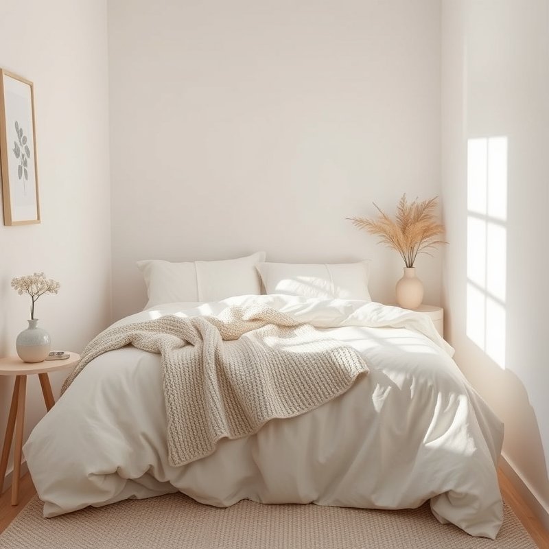 bed with all white and cream linens in small room