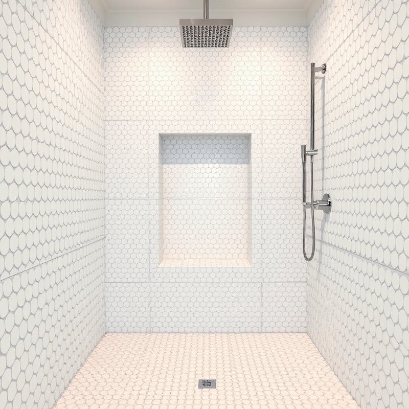 21 White Bathroom Ideas That Make Your Space Feel Clean, Bright, and Luxurious Start Today 11 walk-in shower with white penny round tiles on floor and walls