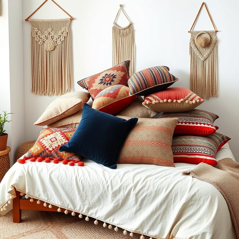 bed covered with an array of patterned and textured boho pillows