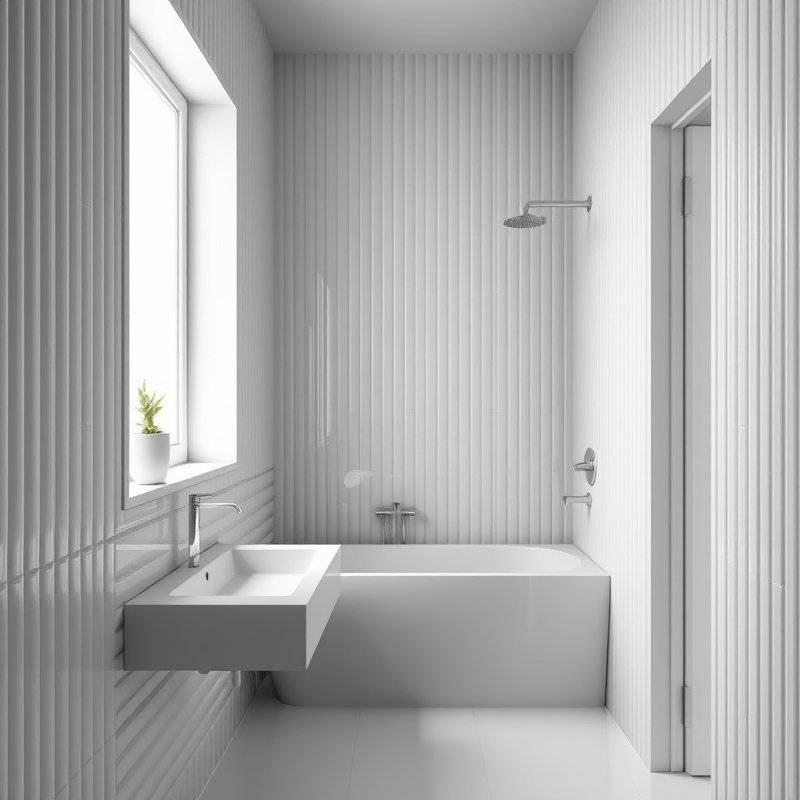 Compact bathroom with floor-to-ceiling vertical white tiles and a warm glowing wall sconce