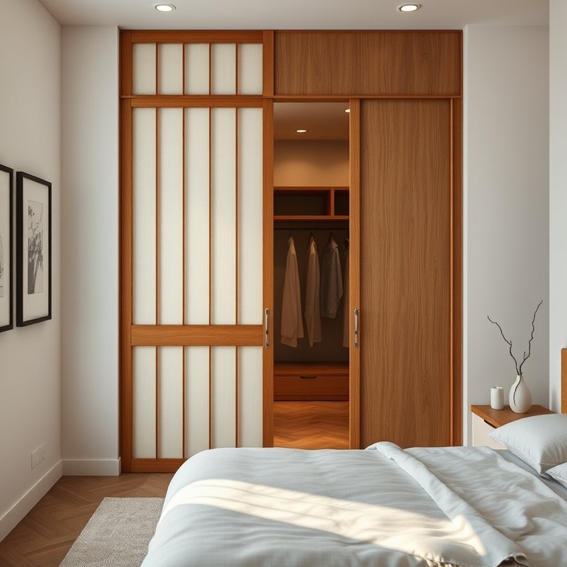 21 Japandi Bedroom Ideas That Blend Minimalist Calm With Warm Natural Beauty You Must Try 3 Closet with shoji sliding doors in a serene Japandi bedroom