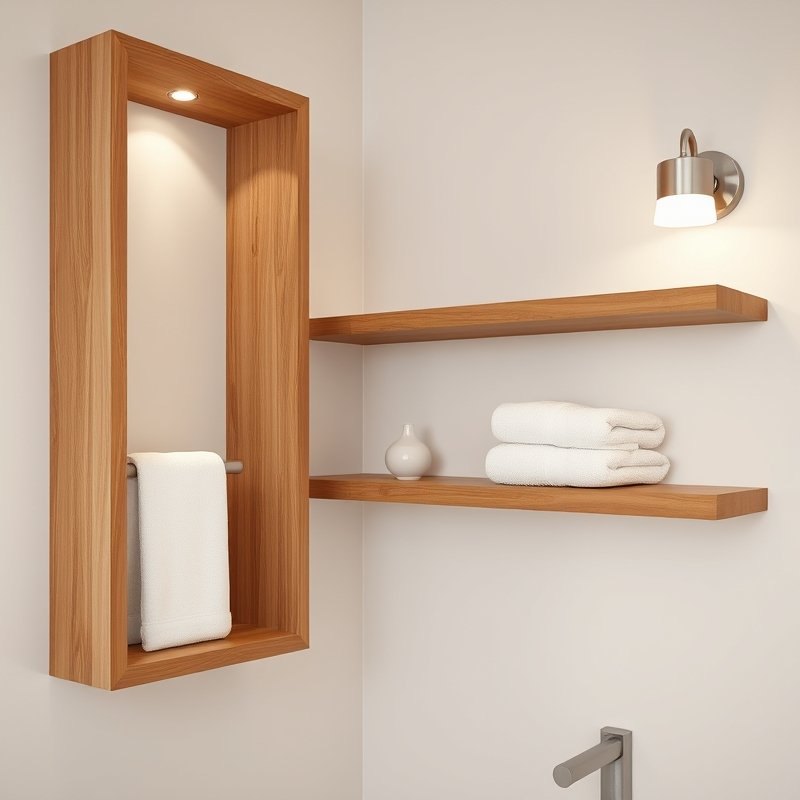 23 Modern Luxury Bathroom Ideas That Create a Sleek and Elegant Retreat You’ll Love This 7 open wooden shelving with rolled towels in luxury bathroom