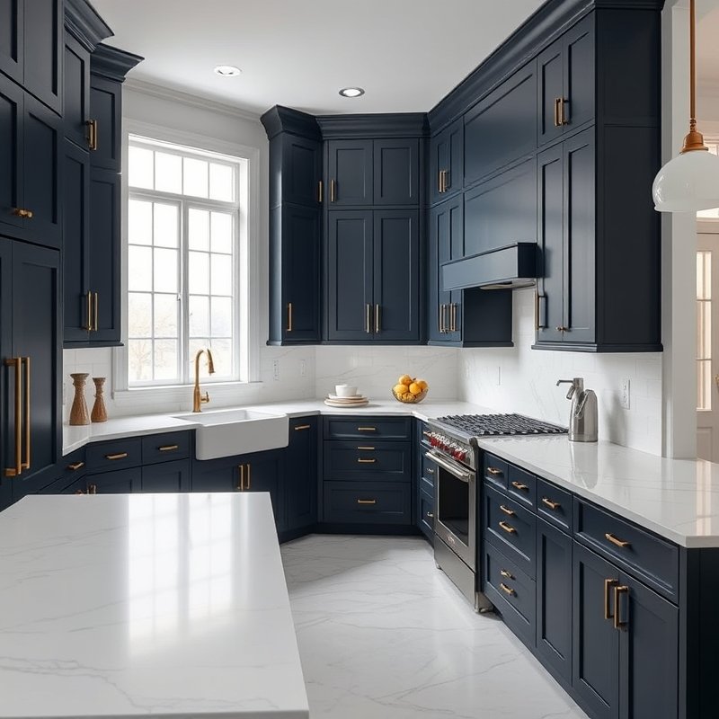 full kitchen with floor-to-ceiling dark matte blue cabinets in a modern space
