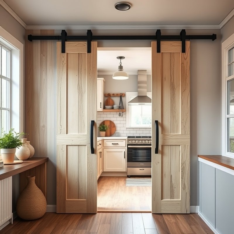 small kitchen entrance with sliding barn door in light wood finish