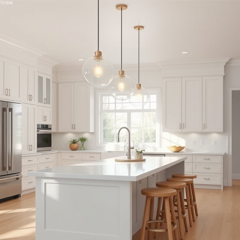 white kitchen island with two frosted glass pendant lights hanging above, reflecting soft light onto a white quartz countertop