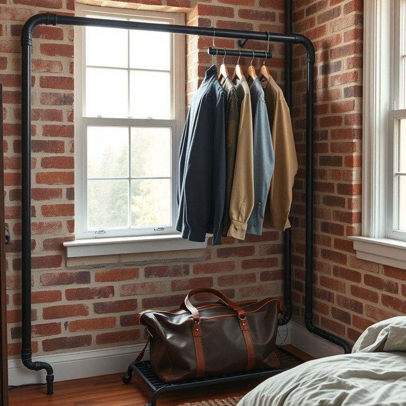 20 Bedroom Ideas for Men 2026 That Look Modern, Clean, and Ultra Stylish Upgrade Your Space 4 industrial pipe clothing rack with curated hanging garments in bedroom